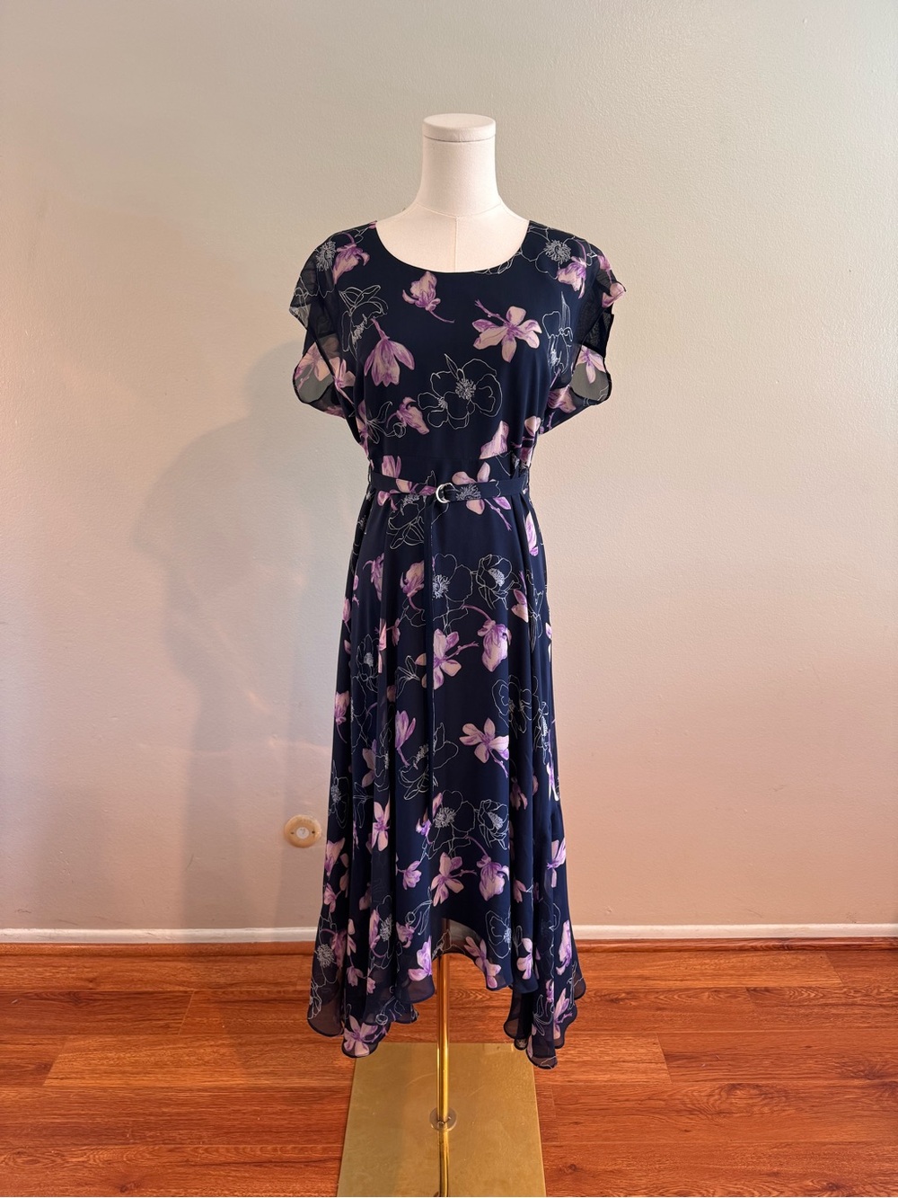 Club Monaco 100% Silk Navy High-Low Dress with Pink Floral Print